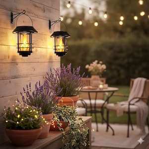 May include: Two black outdoor lanterns with a warm, flickering light are mounted on a wooden wall. Below, terracotta pots hold lavender and other greenery, creating a cosy patio scene. String lights add to the ambiance.