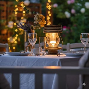 Puede incluir: Escena de cena romántica al aire libre con una linterna vintage iluminada, copas de vino y un jarrón de flores sobre un mantel blanco. El brillo cálido de la linterna y las luces de cadena crea un ambiente acogedor para una cena.