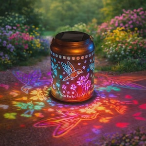 May include: A bronze-colored solar lantern with a hummingbird and floral design. The lantern projects colorful hummingbird and flower patterns onto the ground. The lantern has a handle and a solar panel on top, perfect for outdoor decor.