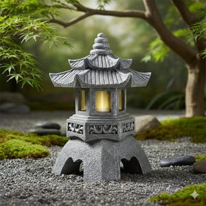 May include: A gray stone pagoda-style garden lantern with a warm, glowing light inside. The lantern has multiple tiers and decorative carvings. It is set in a garden with gravel, moss, and greenery.