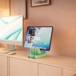 May include: A mint green tablet stand supporting a tablet with a digital display. The stand has a distinctive, curved design. A computer monitor and a cabinet are in the background.