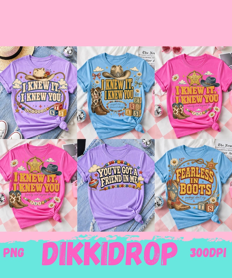 以下が含まれることがあります： ラベンダー、ライトブルー、ピンクの半袖Tシャツ6枚セット。カウボーイハット、ブーツ、投げ縄、保安官の星、アルファベットブロック、I KNEW ITやFEARLESS IN BOOTSなどのテキストが描かれたウェスタンスタイルのグラフィックプリントが施されています。