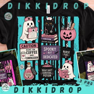 May include: A black t-shirt featuring a graphic print with ghosts wearing nurse caps, a black cat with a stethoscope, a pink jack-o'-lantern, and potions. Text includes "CAUTION: RUNS ON COFFEE AND COMPASSION", "SPOOKY BUT DEDICATED", and "NURSE FUEL".