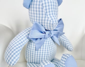 MADE to ORDER - Henry - Handmade Blue Gingham Teddy Bear with Soft Blue Accents