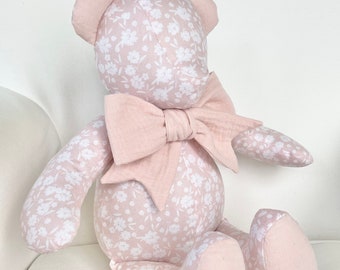 MADE to ORDER - Charlotte - Handmade Pink Floral Teddy Bear with Pink Muslin Accents