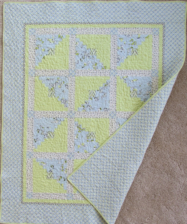 Made from Anna Griffin Fifi and Fido Fabric Blue and Green Log Cabin Crib Quilt