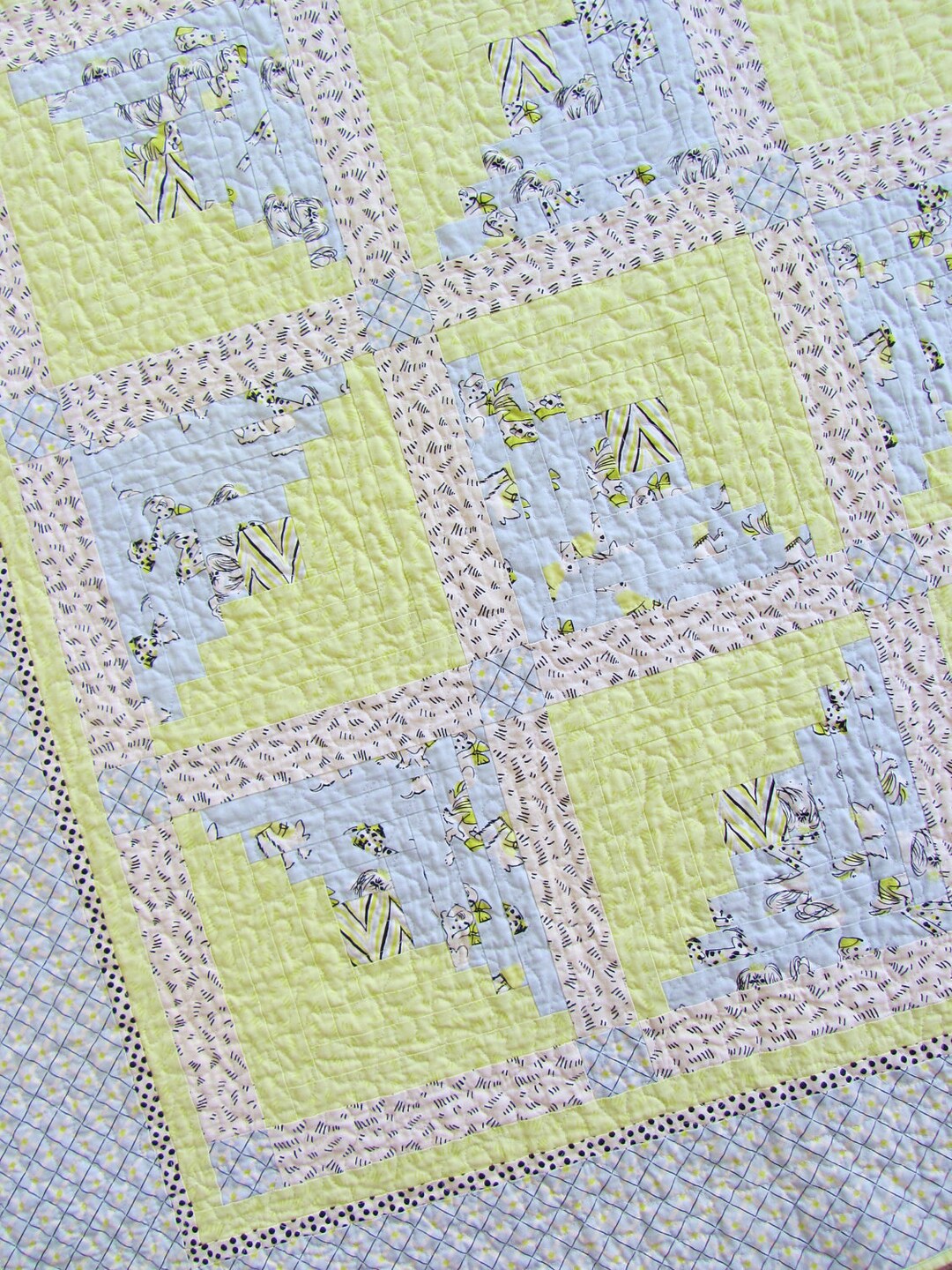 Handmade Blue and Green Log Cabin Crib Quilt Made From Anna Griffin