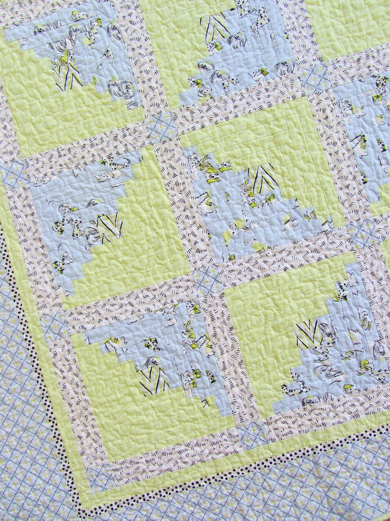 Made from Anna Griffin Fifi and Fido Fabric Blue and Green Log Cabin Crib Quilt