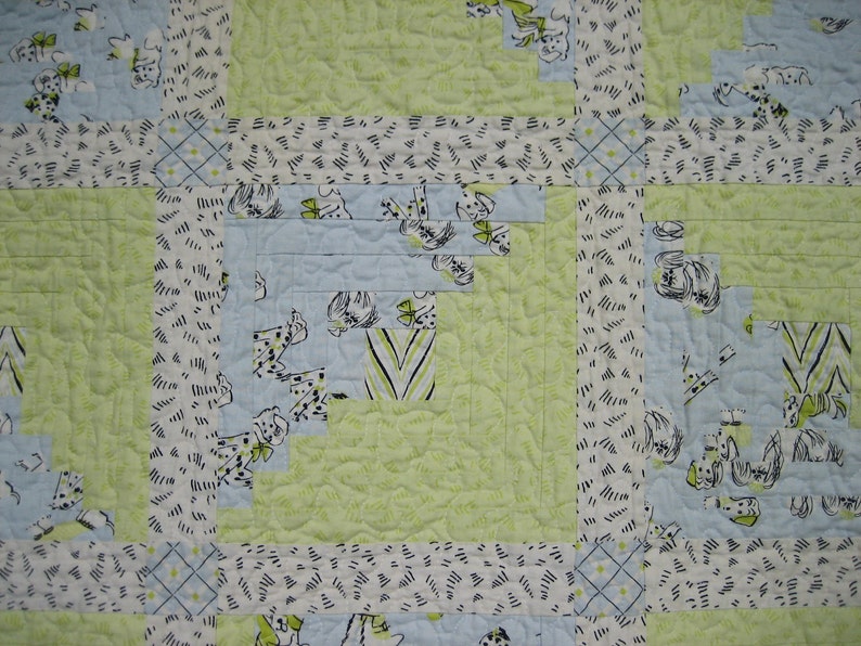Made from Anna Griffin Fifi and Fido Fabric Blue and Green Log Cabin Crib Quilt