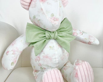 MADE to ORDER - Alyssa - Handmade Pink Shabby Chic Rose and Chenille Teddy Bear with Soft Green Bow