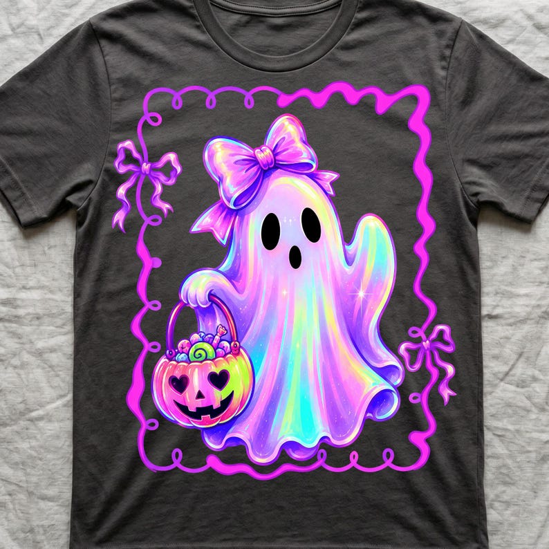 Puede incluir: Una camiseta gris carb&oacute;n con el gr&aacute;fico de un fantasma de estilo hologr&aacute;fico con un gran lazo morado en la cabeza. El fantasma sostiene un cubo de dulces de calabaza rosa brillante lleno de golosinas, enmarcado por un borde de cinta rosa ne&oacute;n.