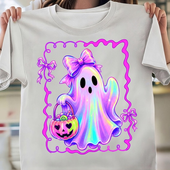 Preppy Halloween Ghost png, Girly Halloween Ghost shirt, Neon Ghost Design, Coquette Halloween png, Cute Spooky Bow Ghost