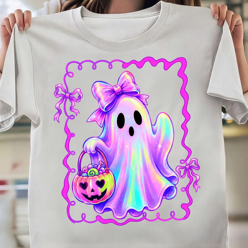 Puede incluir: Una camiseta blanca con el gr&aacute;fico de un fantasma hologr&aacute;fico con un gran lazo rosa en la cabeza. El fantasma sostiene una cesta de dulces en forma de calabaza llena de golosinas coloridas. El dise&ntilde;o est&aacute; dentro de un marco rosa ondulado.