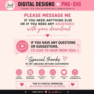 Puede incluir: Un gr&aacute;fico informativo de descarga digital en rosa claro con texto en rosa oscuro que dice: DIGITAL DESIGNS, PLEASE MESSAGE ME, IF YOU HAVE ANY QUESTIONS OR SUGGESTIONS, Special thanks TO MY AMAZING RETURN CUSTOMERS, y THIS IS A DIGITAL DOWNLOAD.