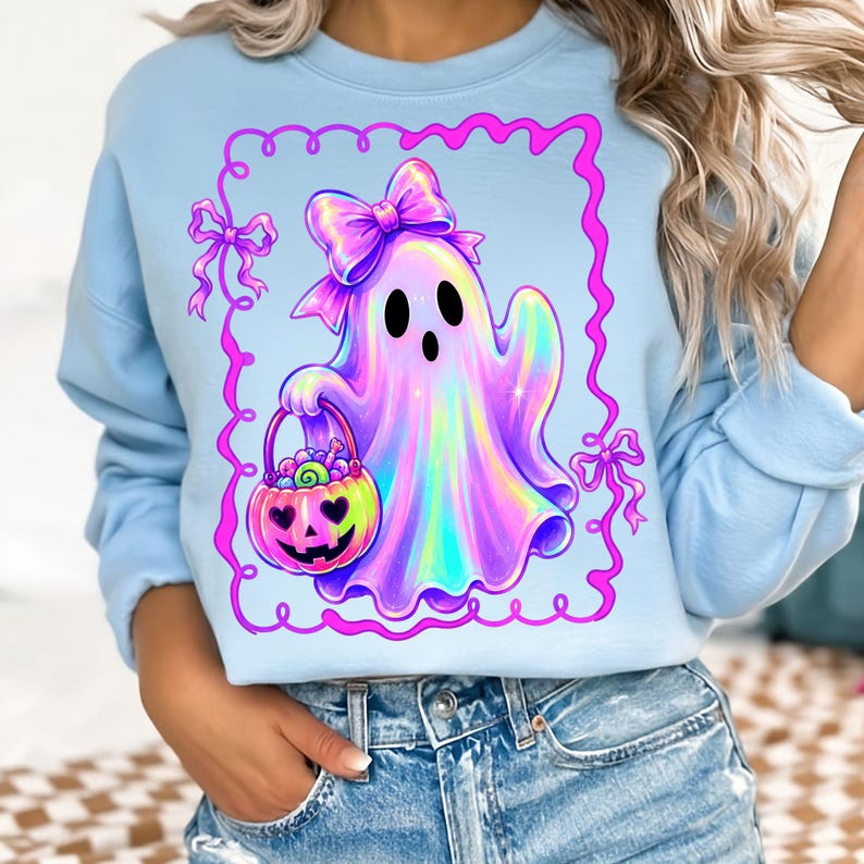 Puede incluir: Una sudadera de cuello redondo azul claro con un gr&aacute;fico central de un fantasma hologr&aacute;fico con un gran lazo rosa en la cabeza. El fantasma sostiene una cubeta de dulces de calabaza rosa llena de golosinas, enmarcada por un borde rosa ondulado.