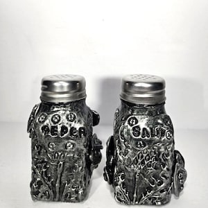Handmade Salt and Pepper Shaker Set, Steampunk Kitchen Decor, OOAK Skull Moth, Gothic Butterfly, Spice Container