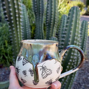 Handmade Ceramic Mug | Multi-Color Earth Tones | Winged Insect Theme | Large, 16oz Capacity