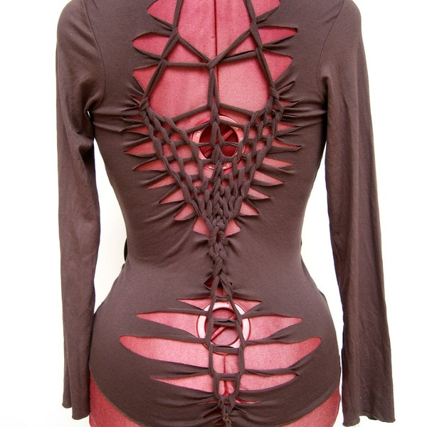 Brown longsleeve shirt - taupe eco tribal festival party top - woven open back - steampunk bohemian hippie elven - Size M/L - US 8/10/12