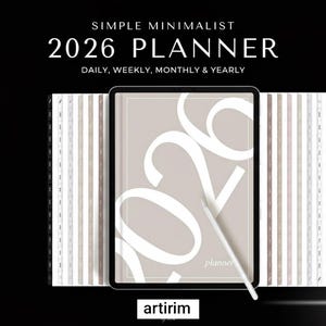 Peut inclure: Un agenda minimaliste 2026 aux tons neutres. La couverture présente de grands chiffres blancs et le mot "planner". L'agenda est ouvert, révélant des pages lignées. Le texte "Simple Minimalist" et "Daily, Weekly, Monthly & Yearly" sont également visibles.