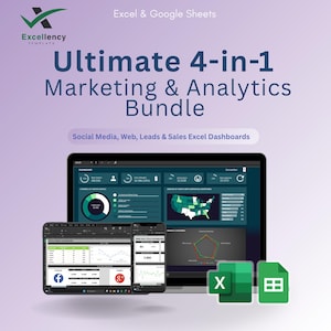 Peut inclure: Un ensemble de marketing et d'analyse numérique affiché sur un ordinateur portable, une tablette et un smartphone. L'ensemble comprend des tableaux de bord Excel pour les médias sociaux, le web, les prospects et les ventes. L'image présente également les logos Excel et Google Sheets.