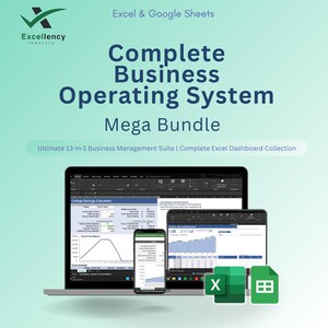 Op de afbeelding: Een laptop, tablet en smartphone tonen bedrijfsbeheersoftware. Het scherm toont grafieken en data-analyse. De afbeelding bevat de tekst "Complete Business Operating System Mega Bundle" en Excel- en Google Sheets-logo's.