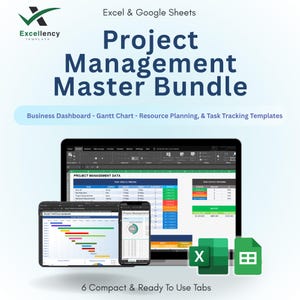 Peut inclure: Un ensemble de produits numériques pour la gestion de projet, comprenant des modèles pour Excel et Google Sheets. L'image montre un ordinateur portable, une tablette et un smartphone affichant des données de projet, ainsi que des icônes Excel et Google Sheets. Le texte indique "Project Management Master Bundle."