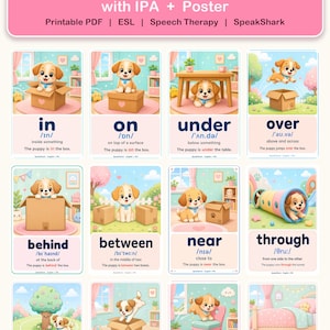 May include: A set of 35 educational prepositions flashcards featuring illustrations of a puppy demonstrating spatial relationships. Each card includes the preposition, IPA pronunciation, a definition, and an example sentence. The title reads 35 Prepositions Flashcards with IPA + Poster.