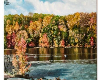 オリジナルの秋の湖の油絵、16x20 キャンバス ウォールアート、反射風景のホームデコレーション