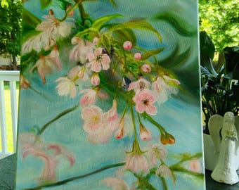 Handgeschilderd olieverfschilderij van kersenbloesems 16x20 cm, romantische lentebloemenkunst op canvas.