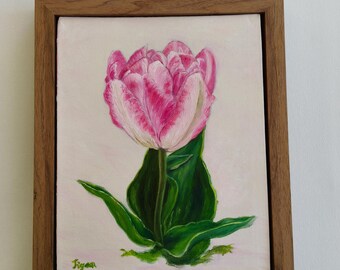Original Hand-Painted Pink Tulip Oil Painting, 8x10 Spring Floral Canvas Panel Art