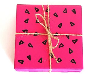 Triangle Coasters - Hot Pink Coasters - Hand-Painted Ceramic Coasters - Art Deco Coasters - Hostess Gift - Pink and Black Decor - Set of 4
