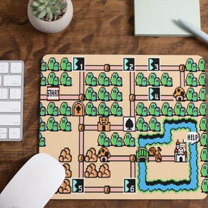 May include: A rectangular mousepad featuring a pixelated map design with green trees, a castle, and the word "START". The map has a beige background with a grid pattern. A white keyboard and mouse are visible.