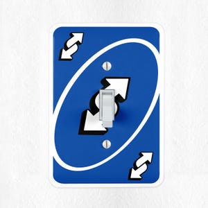 May include: A blue light switch cover featuring a design inspired by the Uno card game. The cover has a white border and a central oval with white arrows and a white switch. The design includes the "reverse" symbol.