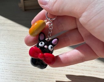 Jiji Black Cat with Bread Keychain | Cute Round Anime Charm | Ghibli Inspired