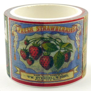 May include: A roll of decorative washi tape featuring a vintage-style design. The label reads "FRESH STRAWBERRIES" above an illustration of ripe strawberries and leaves. The tape also includes the text "WM. EVERDELL'S SONS. Fulton 104 Street."
