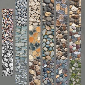 Peut inclure: Plusieurs textures de pierres pr&eacute;sent&eacute;es dans des panneaux verticaux. Les pierres varient en taille et en forme, allant des galets lisses aux blocs rugueux. Les couleurs incluent le gris, le marron, le beige, avec des touches d'orange et de vert.