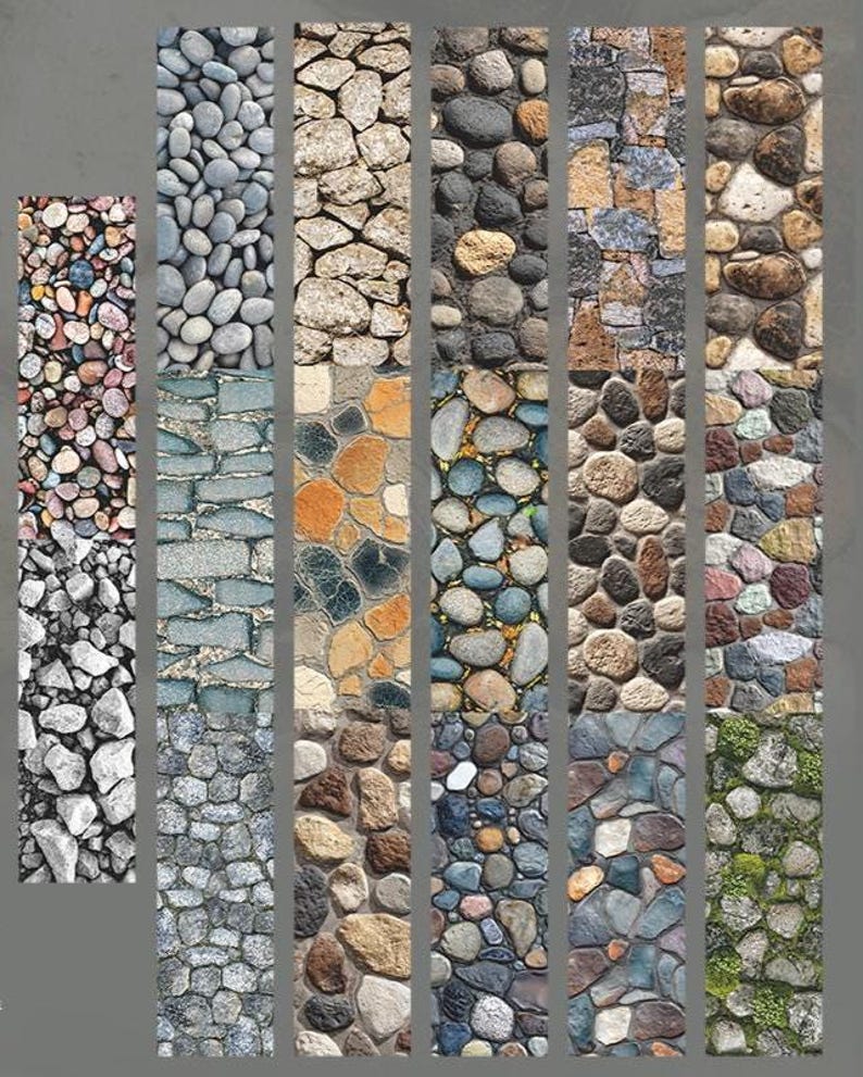 Peut inclure: Plusieurs textures de pierres pr&eacute;sent&eacute;es dans des panneaux verticaux. Les pierres varient en taille et en forme, allant des galets lisses aux blocs rugueux. Les couleurs incluent le gris, le marron, le beige, avec des touches d'orange et de vert.