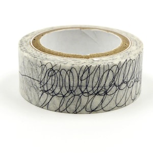 May include: A roll of adhesive tape featuring a light gray background with a repeating pattern of thin, black, hand-drawn scribbles and continuous loops. The tape is wound around a circular cardboard core with a white interior center.