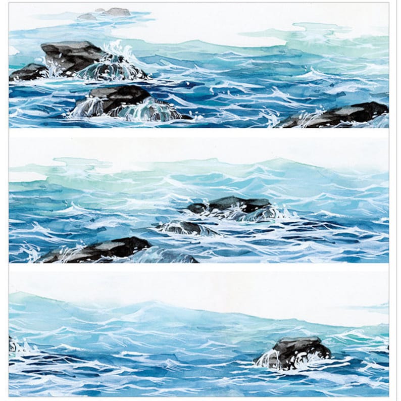 May include: A watercolor painting of a seascape with dark gray rocks and white foamy waves. The water is a light blue color with hints of green.