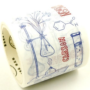 May include: A roll of decorative washi tape with science-themed illustrations. The design includes images of beakers, test tubes, and chemical structures, with the words "CARBON" and "OXYGEN" in red.