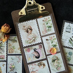 Retro-Stempel Aufkleber Set - Lady und Blume - 3 Blatt - 18 Stück