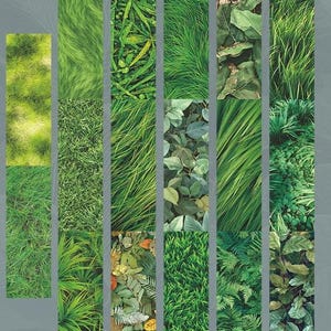 Peut inclure: Un collage de diverses plantes et herbes vertes, dispos&eacute;es en colonnes rectangulaires verticales. L'image pr&eacute;sente une vari&eacute;t&eacute; de textures et de nuances de vert, du clair au fonc&eacute;, avec diff&eacute;rentes formes de feuilles et types d'herbe.
