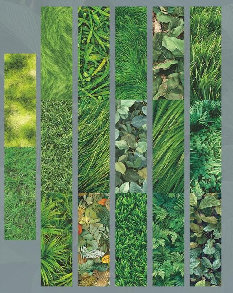Peut inclure: Un collage de diverses plantes et herbes vertes, dispos&eacute;es en colonnes rectangulaires verticales. L'image pr&eacute;sente une vari&eacute;t&eacute; de textures et de nuances de vert, du clair au fonc&eacute;, avec diff&eacute;rentes formes de feuilles et types d'herbe.