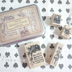 Wooden Rubber Stamp Tin Box Set - Alice in Wonderland - Alice 02 - 4 Pcs