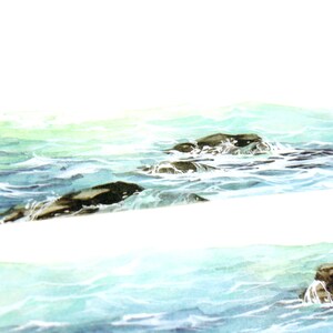 May include: A watercolor painting of a seascape with dark gray rocks partially submerged in the turquoise water. The water is depicted with white foam and ripples, creating a sense of movement.