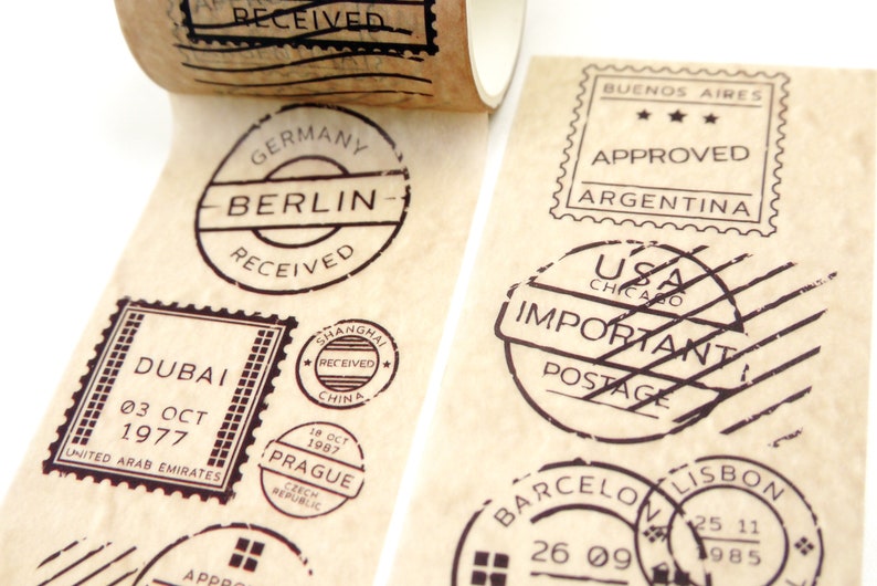 May include: A roll of brown paper tape with various black and white stamps featuring city names and dates. The stamps include "Berlin", "Dubai", "Shanghai", "Prague", "Buenos Aires", "USA Chicago", "Barcelona", and "Lisbon".