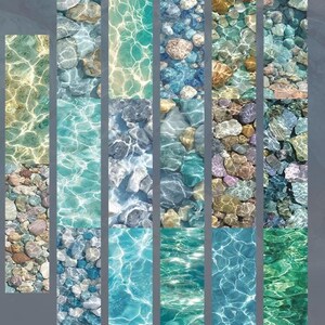 Peut inclure: Une collection d'images rectangulaires pr&eacute;sentant diverses sc&egrave;nes aquatiques. Les images montrent de l'eau claire avec des roches et des galets visibles de diff&eacute;rentes couleurs, notamment le gris, le marron et le bleu. La surface de l'eau refl&egrave;te la lumi&egrave;re du soleil, cr&eacute;ant un effet scintillant.