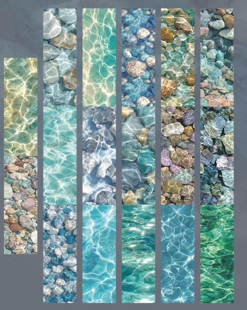 Peut inclure: Une collection d'images rectangulaires pr&eacute;sentant diverses sc&egrave;nes aquatiques. Les images montrent de l'eau claire avec des roches et des galets visibles de diff&eacute;rentes couleurs, notamment le gris, le marron et le bleu. La surface de l'eau refl&egrave;te la lumi&egrave;re du soleil, cr&eacute;ant un effet scintillant.