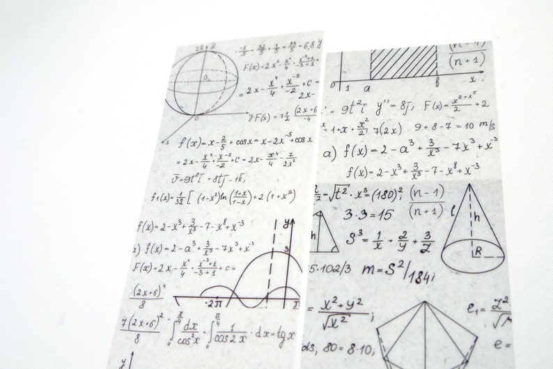 May include: Two sheets of paper with handwritten mathematical equations, formulas, and diagrams. The equations include calculus, geometry, and algebra. The paper has a slightly aged appearance.