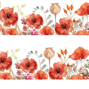 Puede incluir: Una ilustraci&oacute;n de acuarela de un patr&oacute;n repetido de amapolas rojas y follaje verde. Las flores est&aacute;n dispuestas en una fila horizontal, con los tallos y las hojas extendi&eacute;ndose desde el centro.